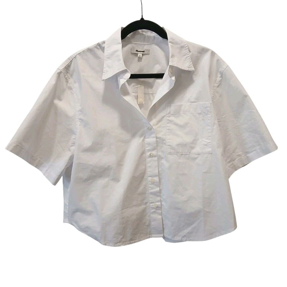 Madewell Women Medium White Straight Hem Top  Poplin Short Sleeve Cotton Relaxed - Picture 3 of 14